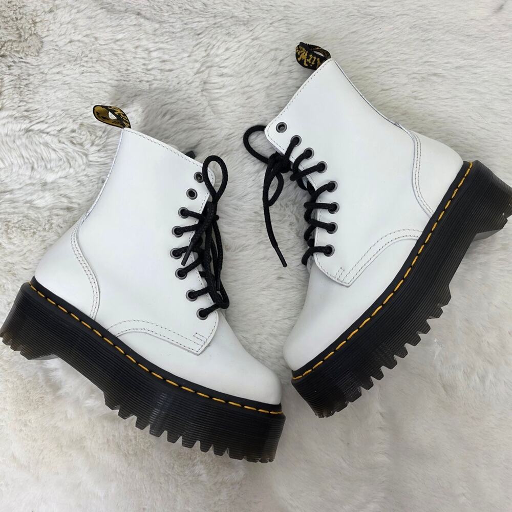 Dr Martens Jadon White Patent Leather Quad Platform Boots Doc Cmbat US 5